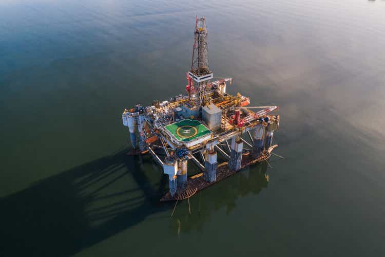 An offshore drilling platform seen from above, Cromarty Firth, Scotland, United Kingdom