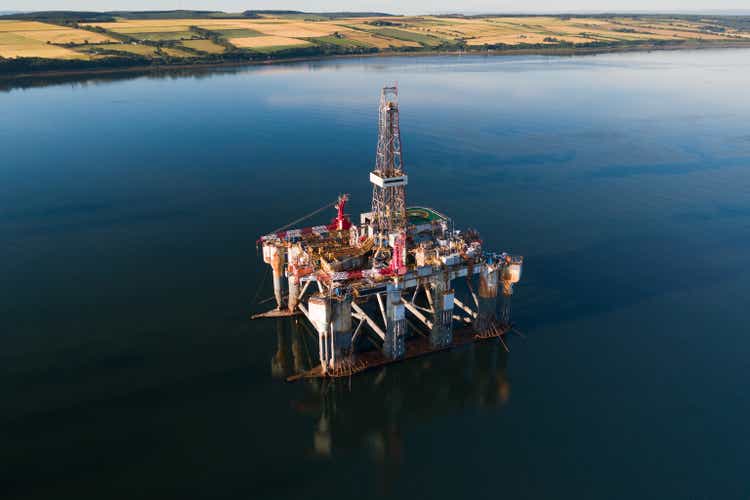 High angle view of an oil rig close to shore, Cromarty Firth, Scotland, United Kingdom