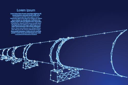 Oil or gas pipeline, concept petroleum fuel industry transportation from futuristic polygonal blue lines and glowing stars for banner, poster, greeting card. Vector illustration.