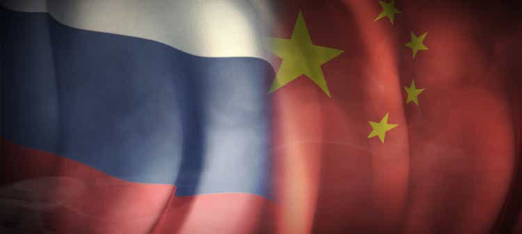 Flag 3D Rendering on Economic, Cooperation between Russia and China.