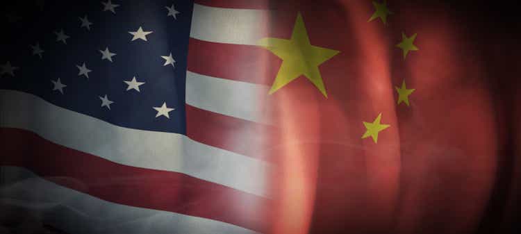 Flag 3D Rendering on Economic, Cooperation between The United States and China.