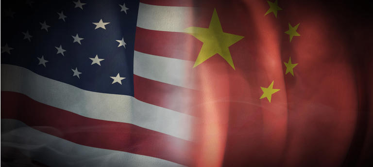 Flag 3D Rendering on Economic, Cooperation between The United States and China.