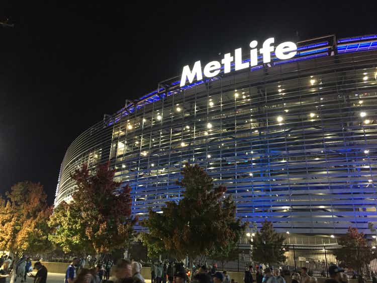 Exterior view of MetLife Stadium NX at night - home of the New York Giants and Jets.  Eli Manning and Odell Beckham Jr. play here.