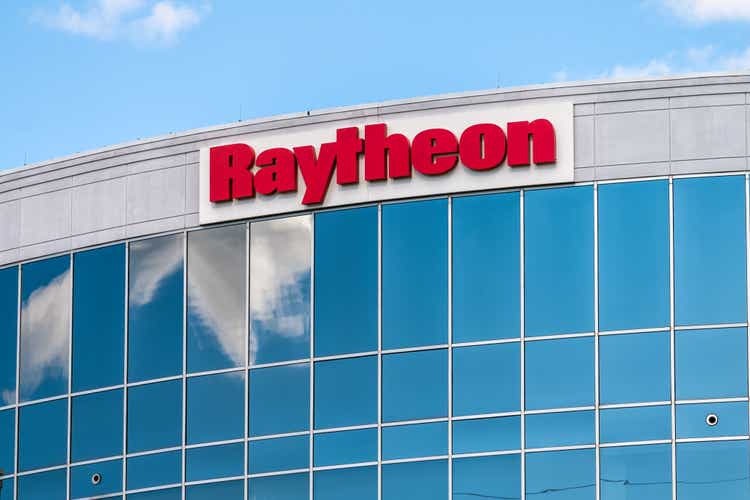 Raytheon multinational conglomerate corporation corporate office with building sign