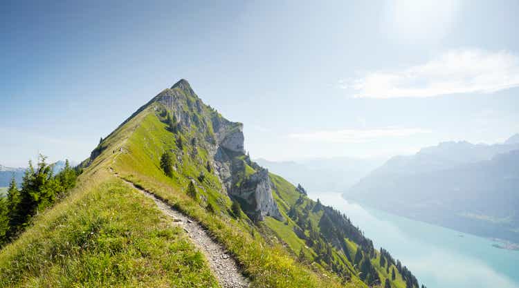 Hiking path along alpine ridge line, Augstmatthorn, Switzerland
