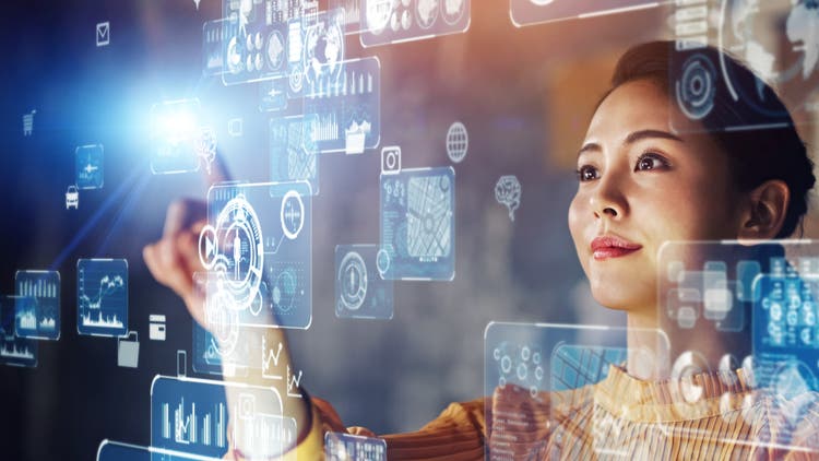 Communication network concept. Young asian woman in the office. GUI (Graphical User Interface).