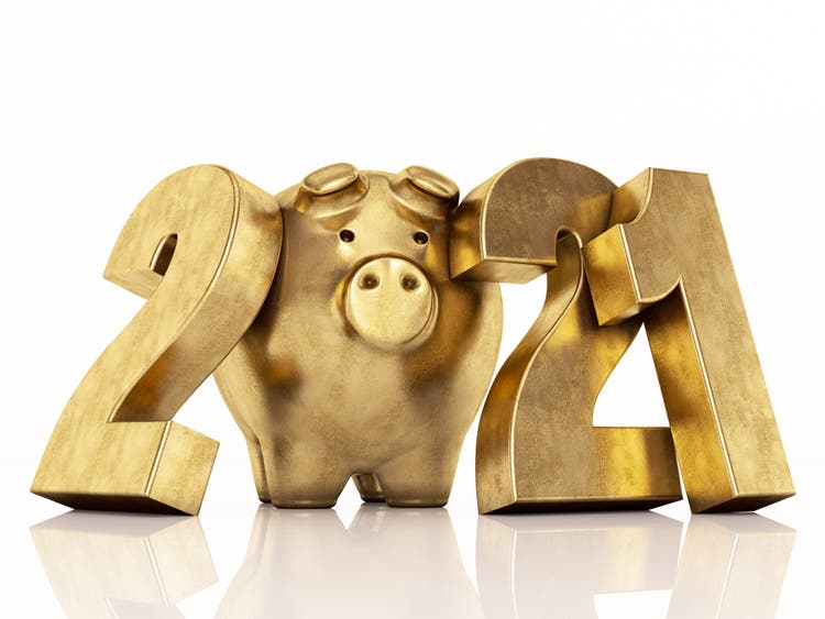 Golden Piggy Bank with 2021