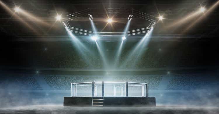 MMA cage night. Fighting Championship. Fight night. View of the arena by spotlights. Full tribune. 3D rendering