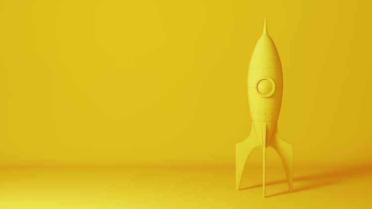 Rocket on yellow background, 3D rendering
