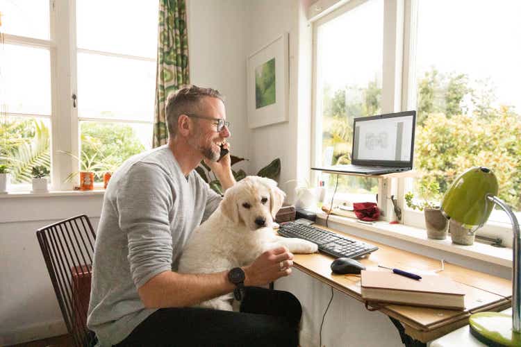 A man works at home with a cute puppy on his lap