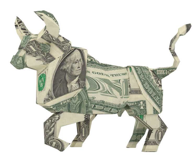 Animal symbol of 2021 Year of the Ox. Chinese Zodiac. Money origami ox. Dollar bull or cow. 3d Illustration for financial calendar
