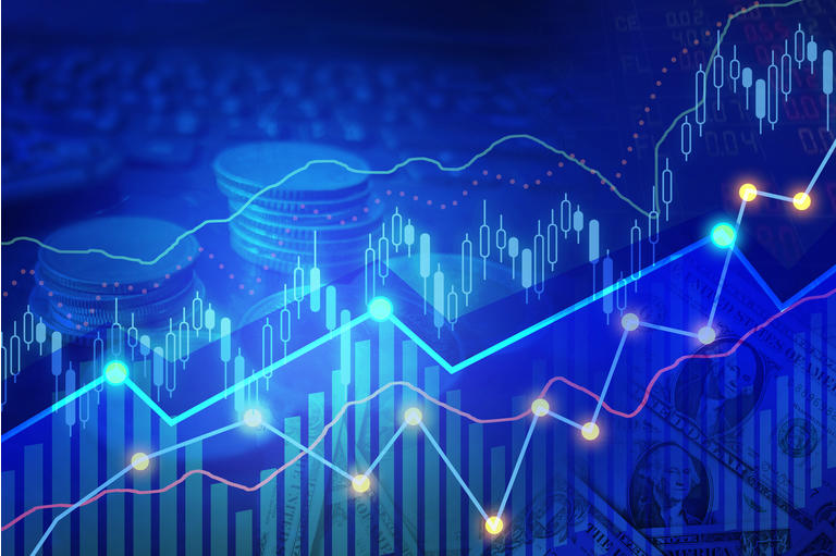 Business financial concept with double exposure stock market up trading line