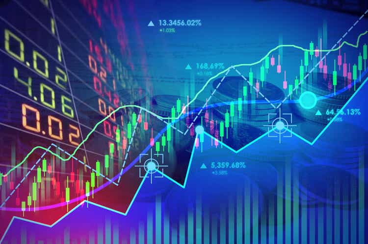 Business financial concept with double exposure stock market up trading line