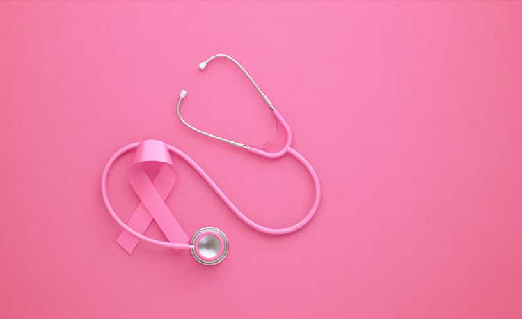 Pink Stethoscope and Pink Breast Cancer Awareness Ribbon on Pink Background