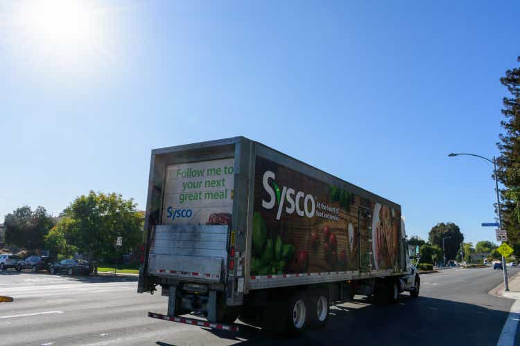 Sysco delivery semi truck is delivering products to customers