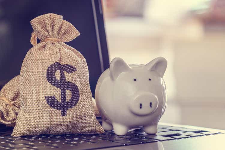 Piggy bank, dollar bag on a laptop