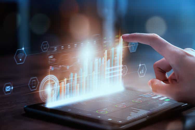 Stock exchange market concept, businesswoman hand trader press digital tablet with graphs analysis candle line on table in office, diagrams on screen.