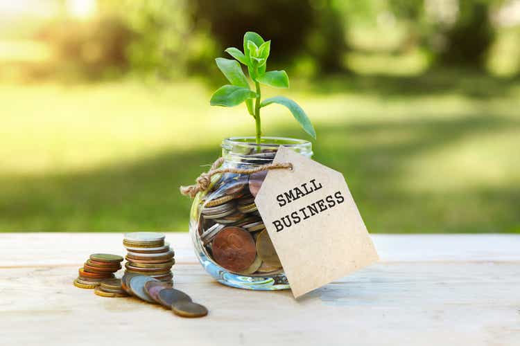 Small business. Glass jar with coins and a plant in it, with a label on the jar and a few coins on a wooden table, natural background. Finance and investment concept.