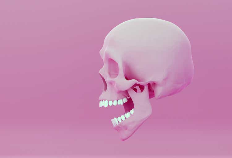 pink skull with open jaw in surprise, on pink background, side view, 3d illustration
