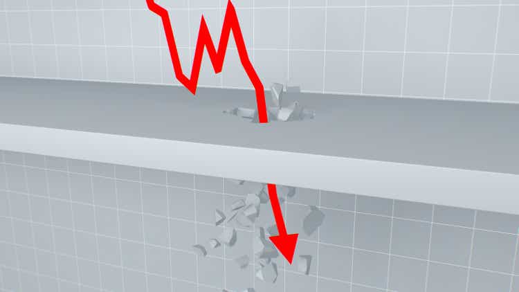 Bankruptcy Red Stock Market Arrow Crashes Through Floor Breaking It - Abstract Background Texture