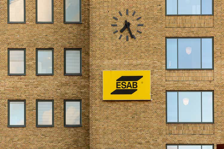 ESAB company logo on a brick wall