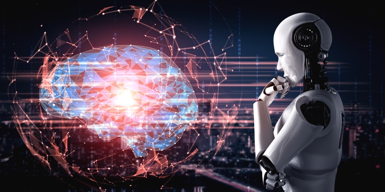 Thinking AI humanoid robot analyzing hologram screen showing concept of AI