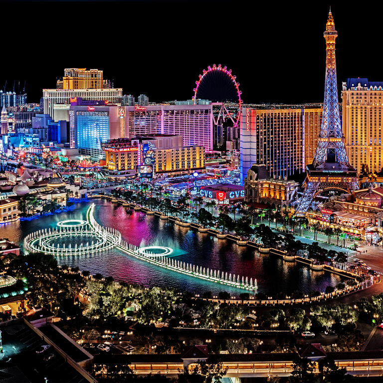 Panoramic view of Las Vegas strip at night in Nevada.