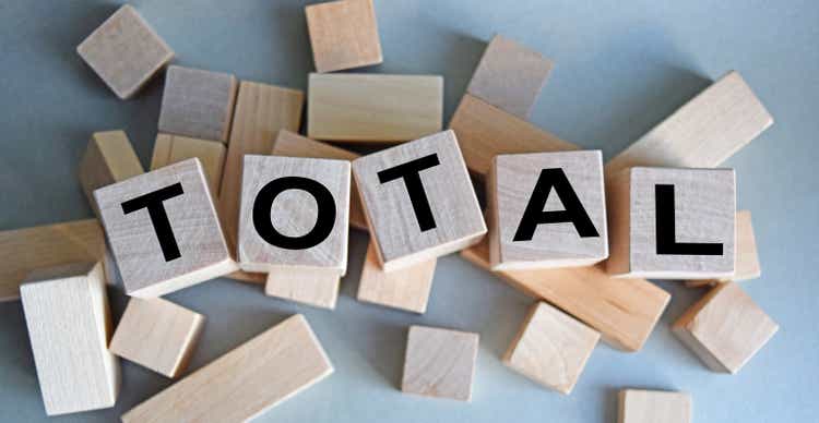 The inscription TOTAL on wooden cubes isolated on a light background, the concept of business and finance.