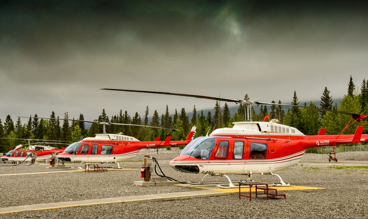 Bell helicopters at the heliport in Canmore, near Banff.