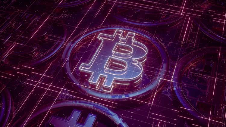 Gold and glass bitcoin sign on top of circuit board. Cryptocurrency symbol on digital technology surface with lines and particles. 3d rendering