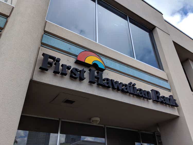 First Hawaiian Bank logo over entrance to Building