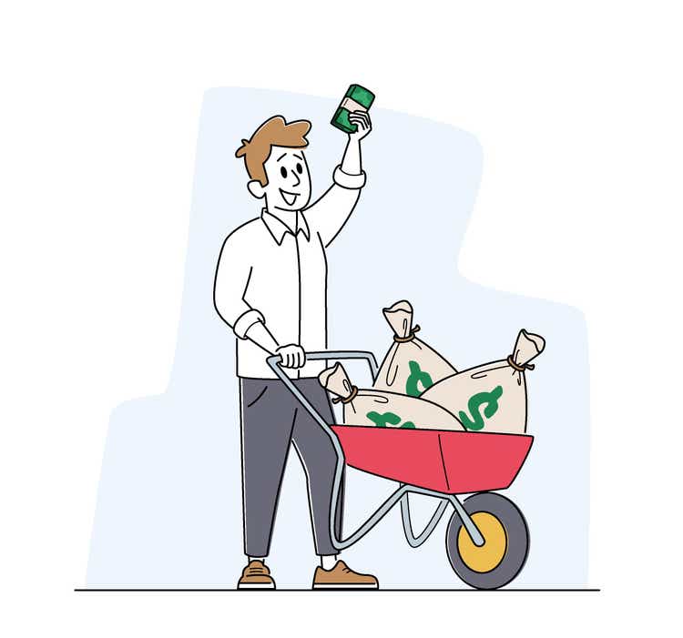 Rich Man with Wheelbarrow full of Dollar Sacks. Male Character Richness and Prosperity Concept. Successful Businessman
