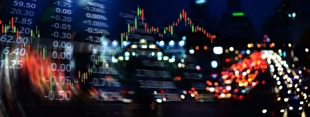 candle stick graph line of trade stock markrt and index number on glow blur city light banner business background