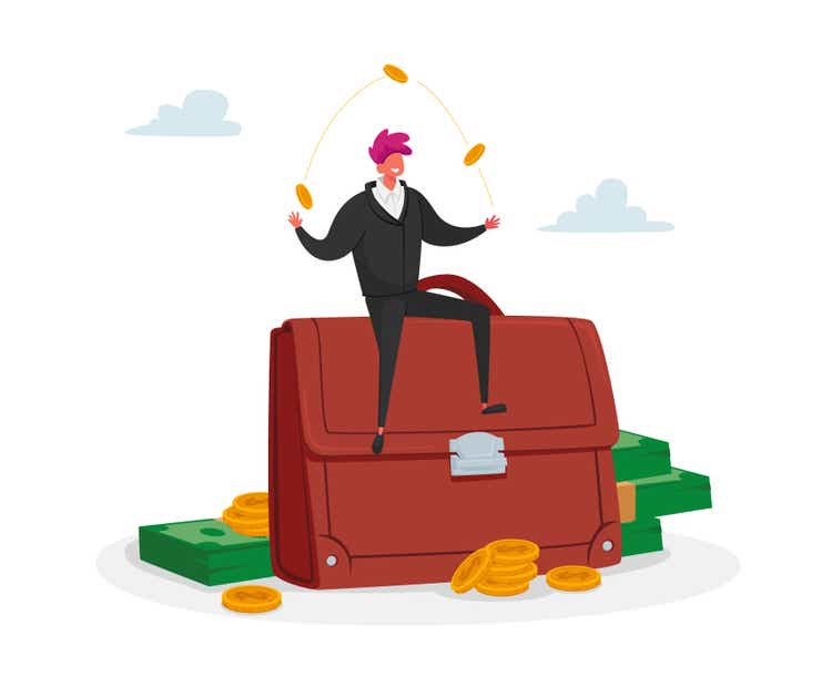 Invest Portfolio, Stock Market Trading Concept. Tiny Investor Male Character Sit at Huge Briefcase Juggling with Coins