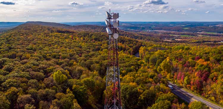 Telecommunication cellular tower on a mountain ridge in the Appalachian Mountains in the fall.