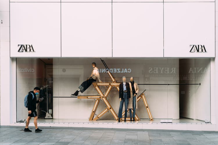 Shop window of Zara fashion store on Preciados Street in Madrid