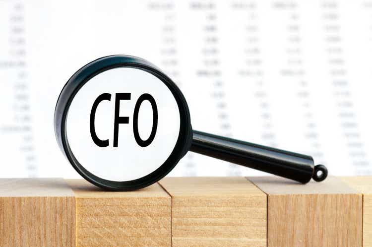 Look closely and CFO with a magnifying glass , business concept image with soft focus background