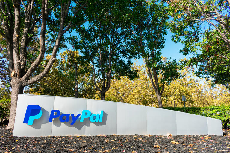 PayPal logo and sign at company headquarters