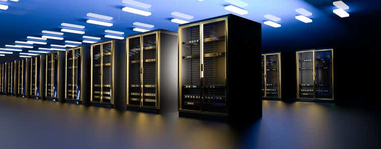 Server room data center. Backup, mining, hosting, mainframe, farm and computer rack with storage information. 3d render