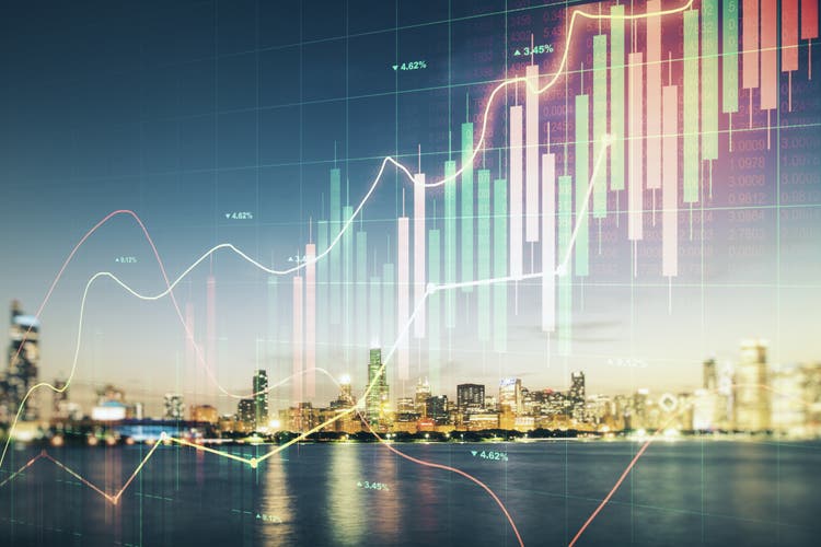 Abstract virtual financial graph hologram on Chicago skyline background, forex and investment concept. Multiexposure