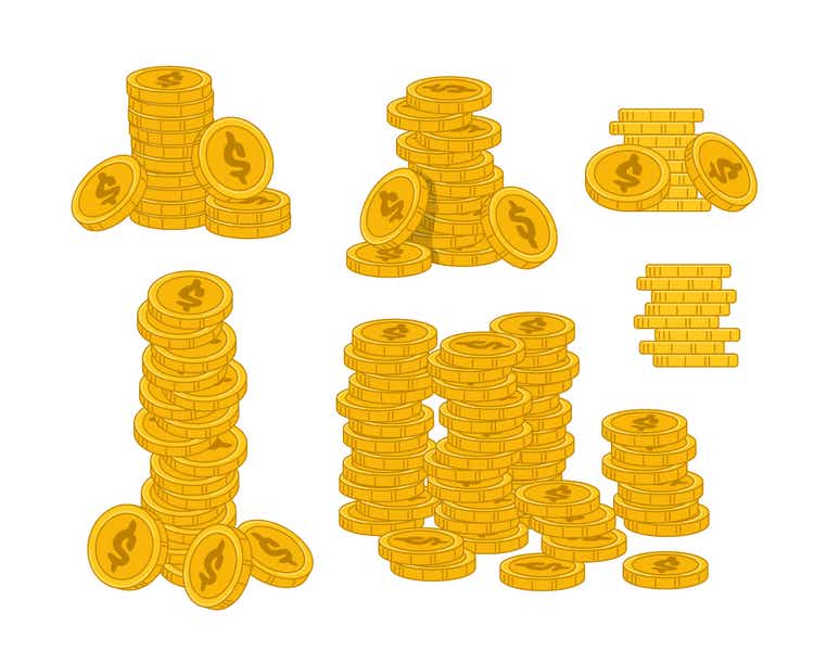 Stacks of Golden Coins Isolated on White Background. Concept of Wealth, Money Profit or Finance Success. Luxury Life