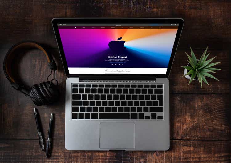 Computer screen showing Apple event logo 2020 on the screen.