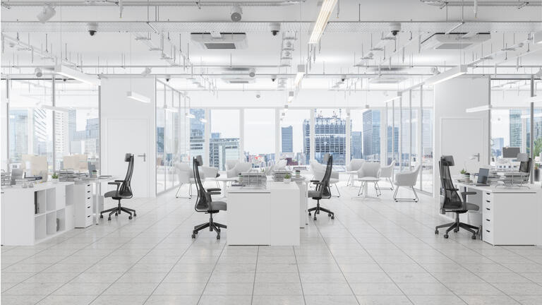 Modern Office Space With Waiting Room, Board Room And Cityscape Background