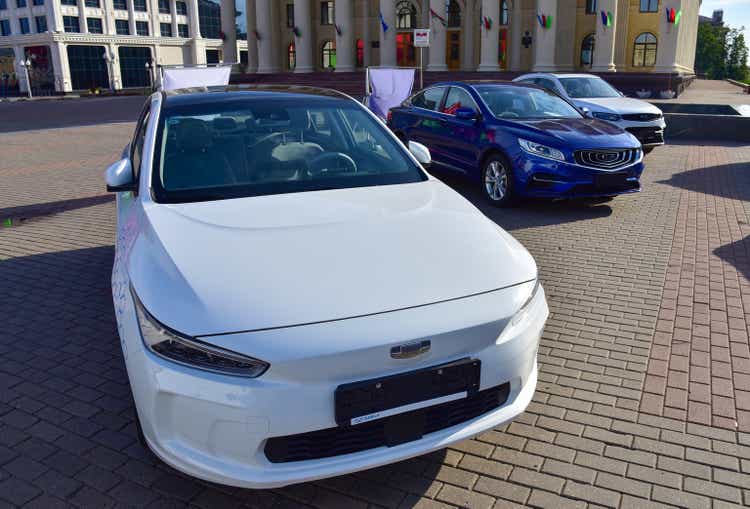 New Chinese electric car Geely Geometry A at a public event in Minsk.