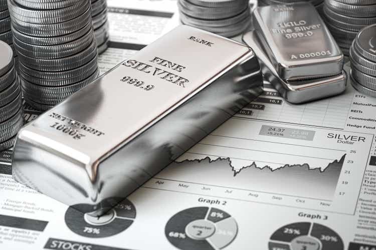 Silver bars, ingots and coins on the financial report.  The growth of silver in market sentiment.