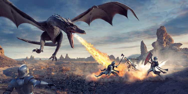 Fire Breathing Dragon Flying Low and Attacking Knights In Desert