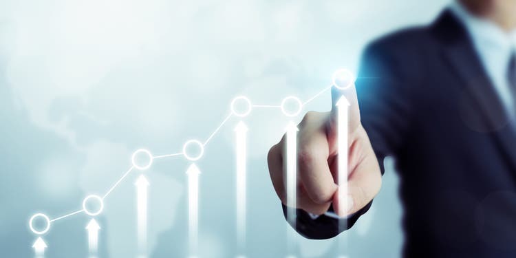 Business development to success and growing growth concept, Businessman pointing arrow graph corporate future growth plan