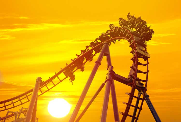 Roller coaster in the amusement park with the background of the sunset.