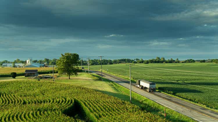 Aerial Shot of Truck on Country Road Passing Ohio Farms
