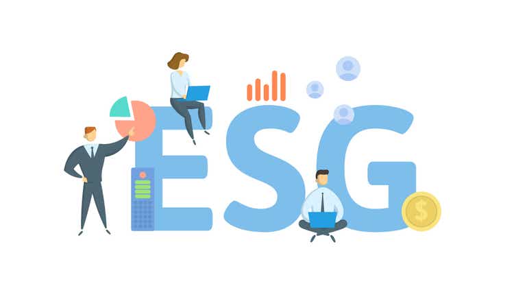 ESG, Environmental, Social and Governance. Concept with keyword, people and icons. Flat vector illustration. Isolated on white.
